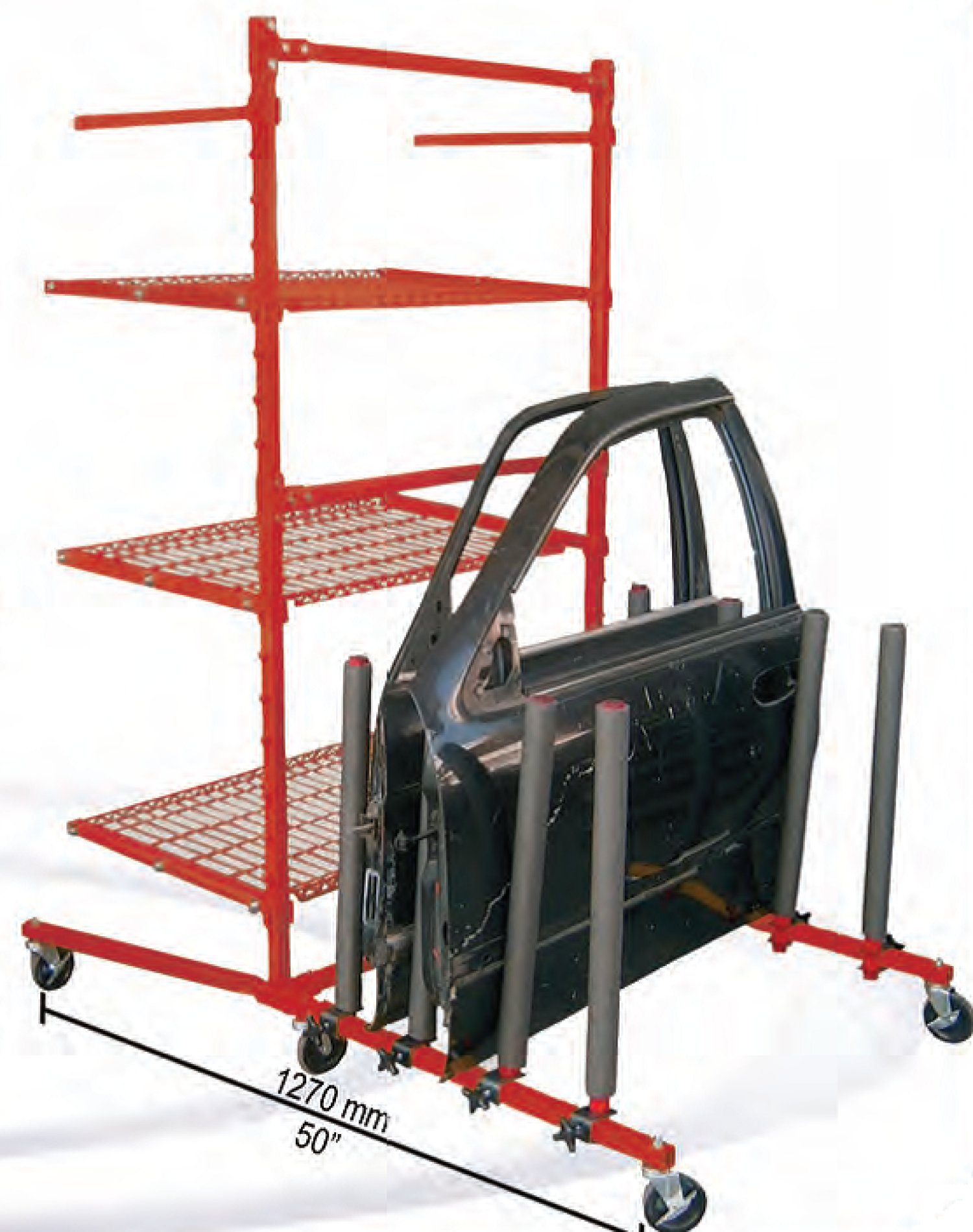 Body shop rack with 3 shelves + panel cart for car body parts and