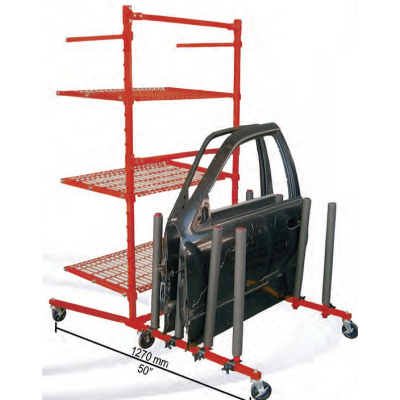 Body shop rack with 3 shelves + panel cart for car body parts and panels