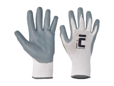Guantes, nylon blanco, recubierto gris de nitrilo en palma
