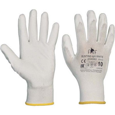 Guantes, poliéster blanco, recubierto blanco con PU en palma